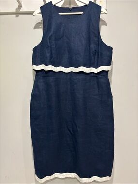J Crew Navy Blue Linen Sleeveless Sheath Dress White Scalloped Trim Sz 16 Pocket